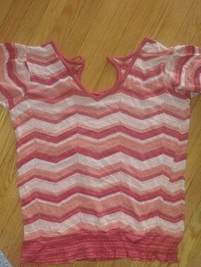 Ashley Stewart Pink and White Chevron Short Sleeve Tee